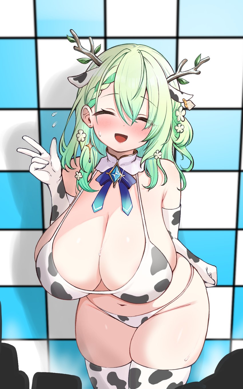 animal_print animal_print_bikini areola big_breasts bikini blush blush_lines bodily_fluids breasts cleavage clothed clothing cow_print cow_print_bikini eyes_closed female gesture green_hair hair hand_gesture horn huge_breasts navel open_mouth open_smile pattern_bikini pattern_clothing pattern_swimwear side_boob smile smiling_at_viewer solo sweat sweatdrop swimwear thick_thighs two-piece_swimsuit v_sign zazami_d hololive hololive_en mythology vtuber ceres_fauna animal_humanoid dragon dragon_humanoid horned_humanoid humanoid kirin kirin_humanoid mythological_creature mythological_scalie scalie 5:8 hi_res