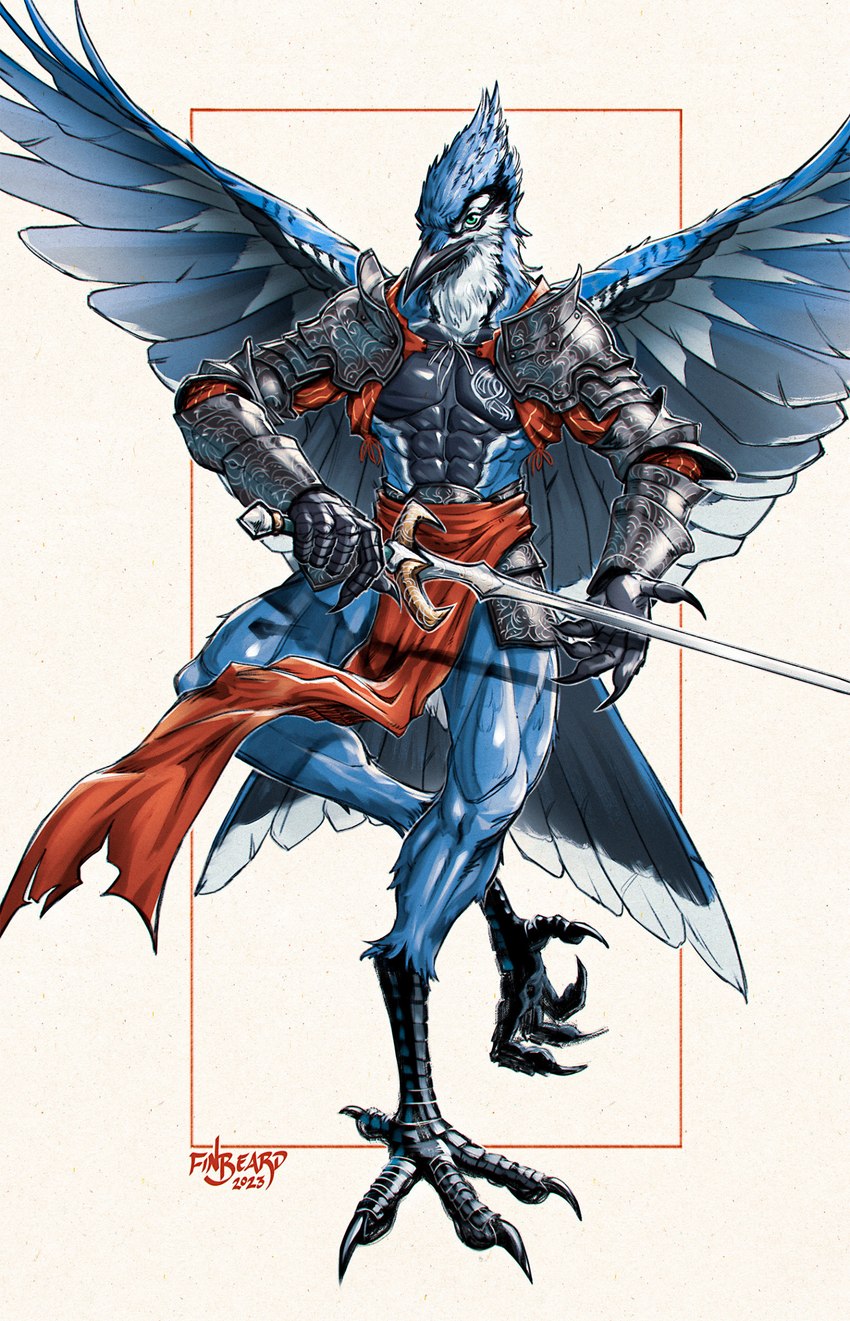 abs anthro armor beak biped clothing feathered_wings feathers gauntlets gloves handwear male male_anthro melee_weapon muscular muscular_anthro pauldron pose simple_background solo sword tail tail_feathers text weapon wings finbeard avian bird blue_jay corvid jay_(bird) new_world_jay oscine passerine 2023 artist_name dated digital_drawing_(artwork) digital_media_(artwork) english_text full-length_portrait handwritten_text hi_res portrait