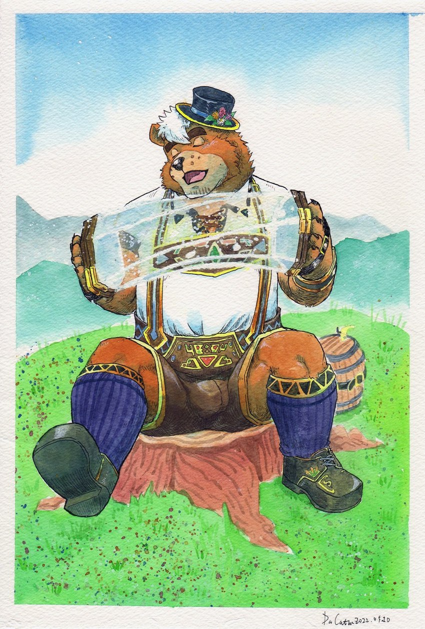 accordion anthro brown_body brown_fur bulge fur hair lederhosen male musical_instrument playing_accordion playing_music singing solo white_hair dacatw lifewonders live_a_hero goro_(live_a_hero) bear mammal hi_res