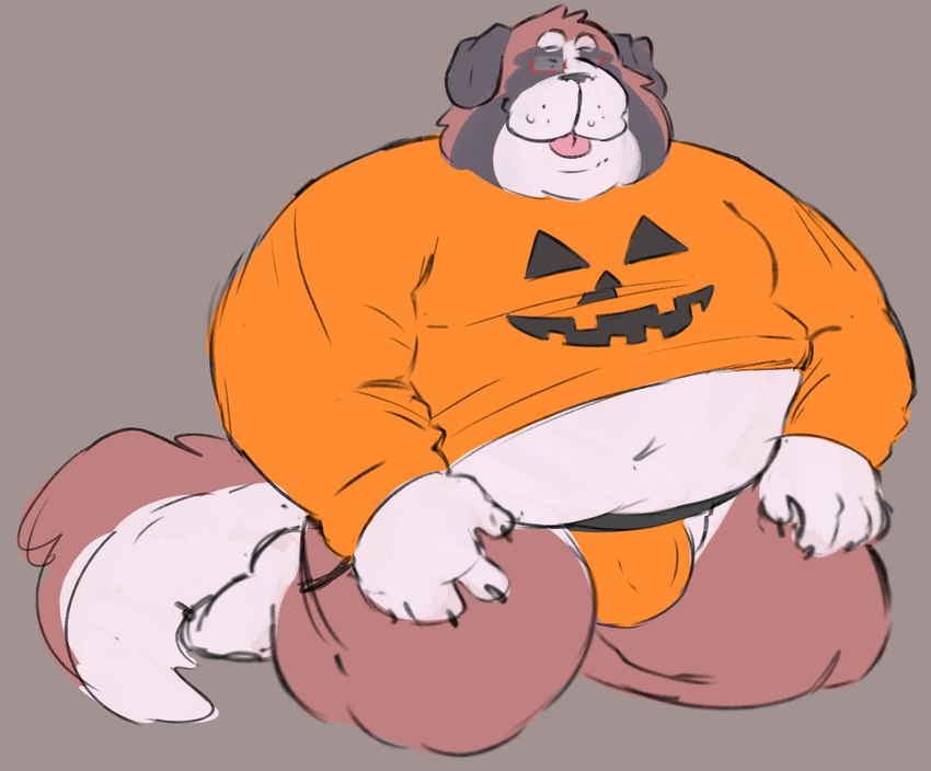 anthro blep bulge clothing jack-o'-lantern jockstrap kneeling male midriff navel obese obese_male orange_clothing overweight overweight_male solo sweater tongue tongue_out topwear underwear smut_leo burry_(shelter) canid canine canis domestic_dog mammal molosser mountain_dog saint_bernard