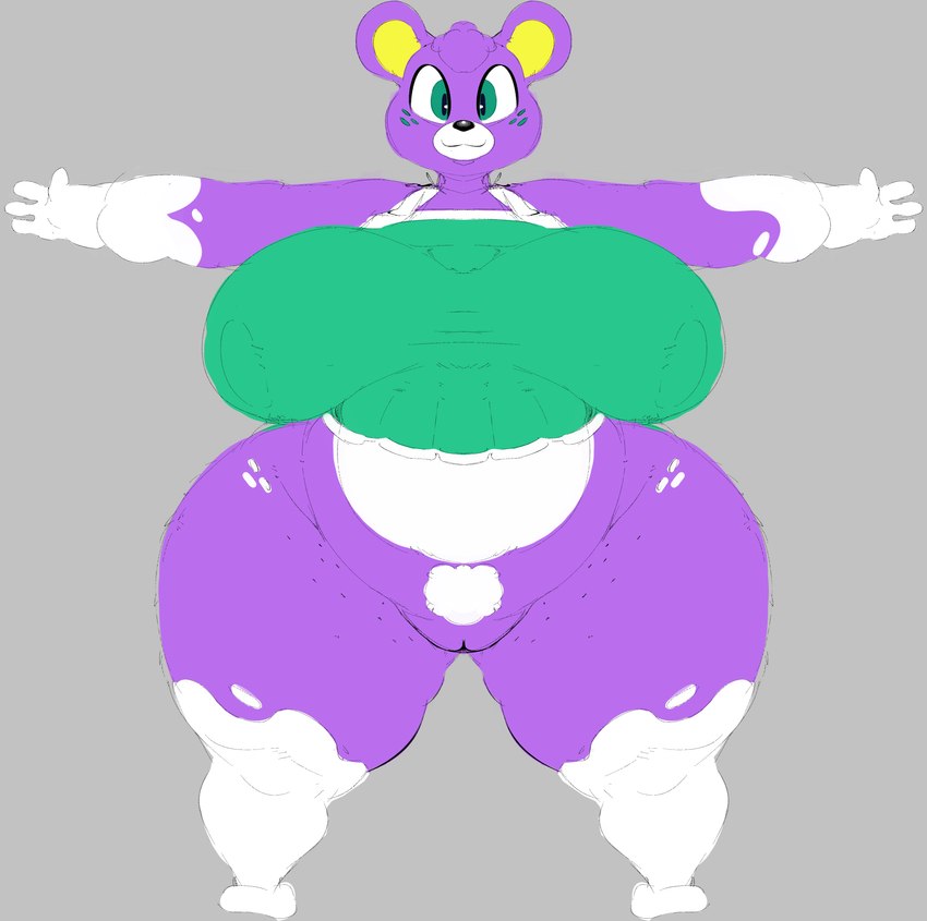 anthro big_breasts bottomless bottomless_anthro bottomless_female breasts clothed clothing female freckles fur genitals multicolored_body multicolored_fur purple_body purple_fur pussy solo t-pose thick_thighs two_tone_body two_tone_fur ponk animal_crossing nintendo megan_(animal_crossing) bear mammal absurd_res hi_res model_sheet