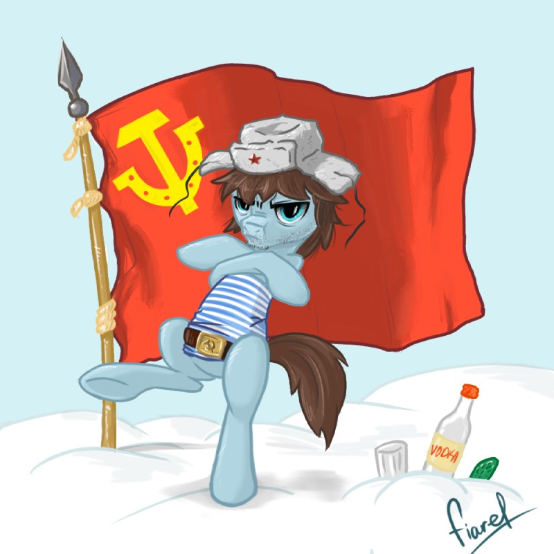 alcohol beverage clothing communism cucumber dancing flag food fruit glass hammer_and_sickle hat headgear headwear male outside pattern_clothing pattern_topwear plant politics red_star russian shirt snow solo soviet_union striped_clothing striped_topwear stripes stubble tail telnyashka topwear ushanka vegetable vodka fiarel friendship_is_magic hasbro my_little_pony equid equine horse mammal pony 1:1