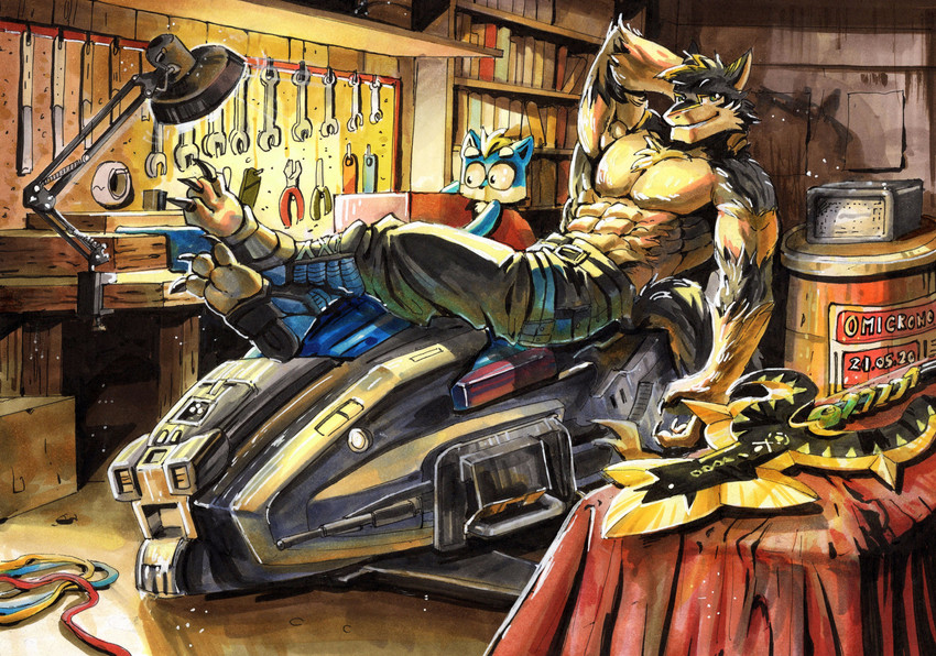 anthro black_body black_fur blonde_hair blue_eyes duo fur garage hair male male/male muscular science_fiction tail weapon white_body white_fur yellow_eyes omicrono vortiganshine canid canine canis mammal wolf absurd_res hi_res