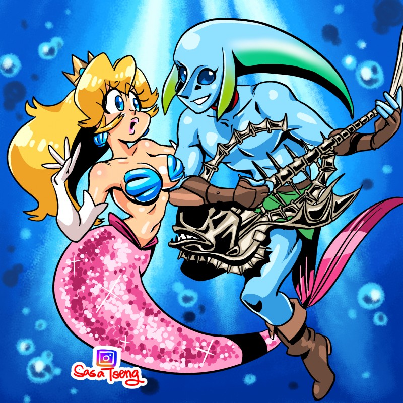 alternate_species blonde_hair bra breasts clothed clothing crown ear_piercing female gloves guitar hair handwear headgear male monster_girl_(genre) musical_instrument piercing plucked_string_instrument seashell_bra skimpy split_form string_instrument underwater underwear water dcon majora's_mask mario_bros nintendo the_legend_of_zelda princess_peach zora_link animal_humanoid fish fish_humanoid humanoid marine marine_humanoid merfolk zora 1:1 absurd_res hi_res