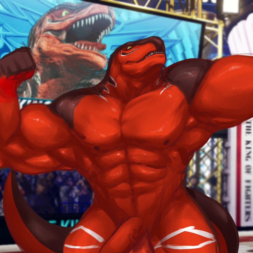 alternate_species anthro big_muscles flexing furrification genitals male muscular muscular_anthro muscular_male penis red_body solo cryingfatcat fatal_fury garou:_mark_of_the_wolves king_of_fighters snk king_of_dinosaurs scalie 1:1 hi_res