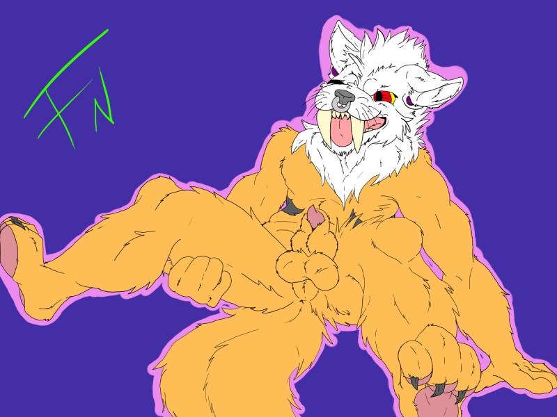 animal_genitalia anthro balls fangs genitals male nude penis penis_tip piercing purple_background sheath simple_background solo spread_legs spreading teeth tongue cookiekangaroo felid fench hybrid mammal 4:3 hi_res