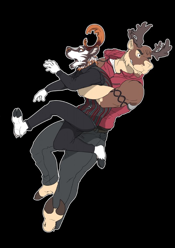 anthro antlers biceps bottomwear brown_body brown_fur clothed clothing duo fur horn jacket male multicolored_body multicolored_fur muscular muscular_male open_mouth pants simple_background tattoo topwear transparent_background two_tone_body two_tone_fur vest white_body white_fur monchi luxordtimet arbel_(character) ozzy_fitch deer mammal new_world_deer reindeer alpha_channel hi_res