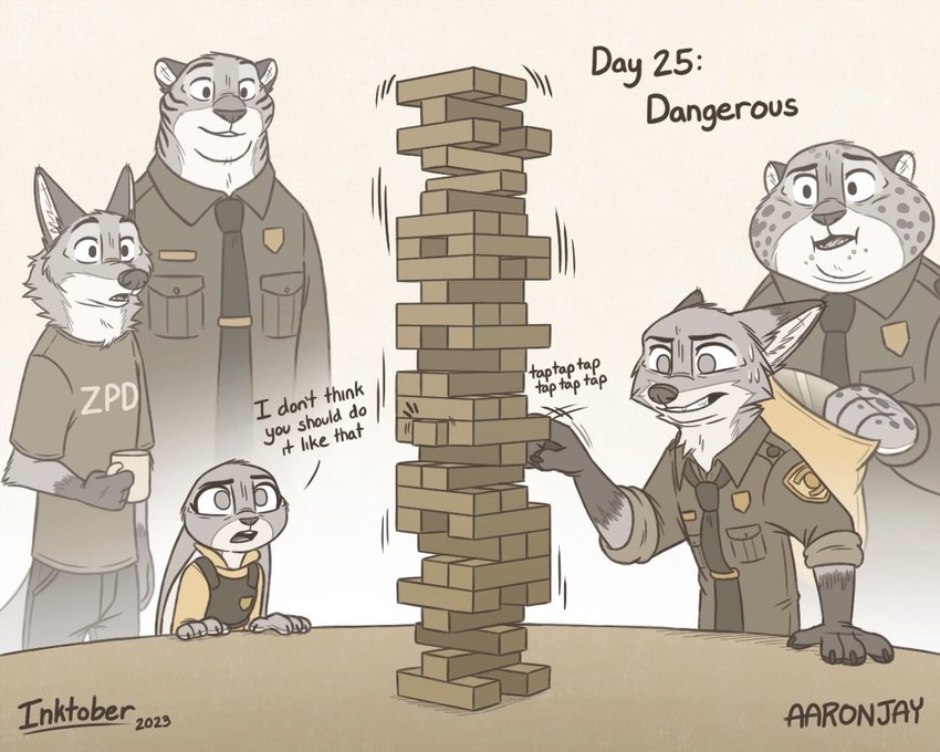 anthro bodily_fluids clothed clothing dialogue female fur group male markings nervous overweight overweight_anthro overweight_male police police_uniform spots spotted_body spotted_fur striped_body striped_fur stripes sweat teeth text uniform aar0njay disney inktober jenga zootopia benjamin_clawhauser judy_hopps nick_wilde officer_fangmeyer officer_wolfard canid canine canis cheetah felid feline fox lagomorph leporid mammal pantherine rabbit red_fox tiger true_fox wolf 2023 5:4 english_text