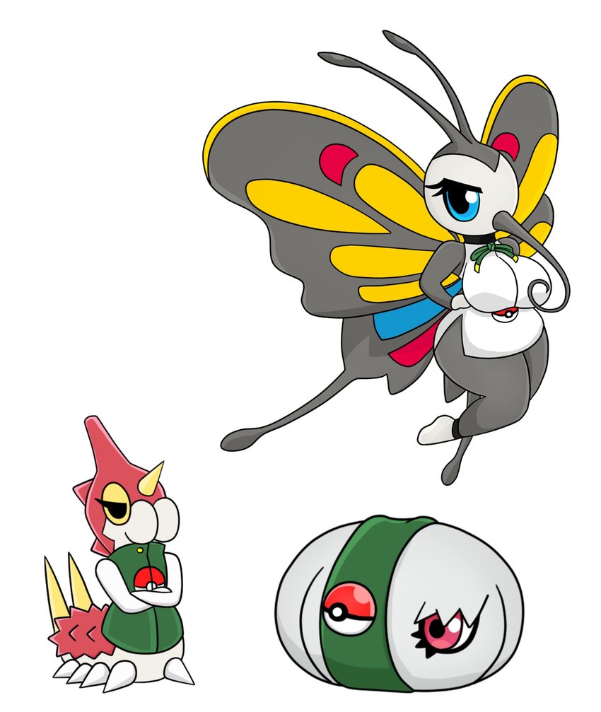 antennae_(anatomy) anthro armless bandage big_breasts black_body blue_eyes breasts clothing female group horn jacket legless pokeball pupils red_body red_eyes shirt standard_pokeball topwear trio white_body wings yellow_eyes urusee584 nintendo pokemon arthropod beautifly generation_3_pokemon insect lepidopteran pokemon_(species) silcoon wurmple hi_res