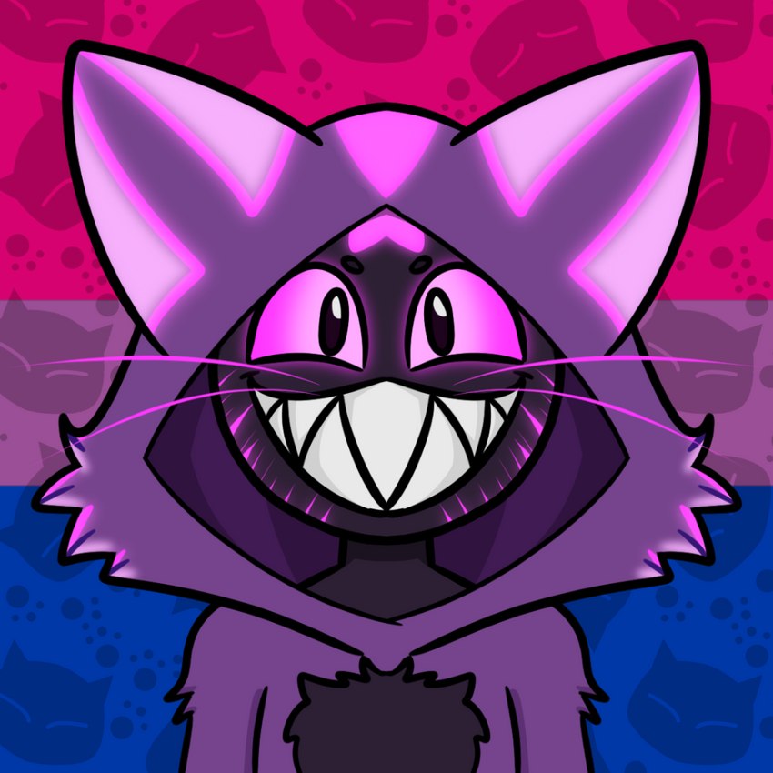 anthro bisexual_pride_colors black_body clothed clothing female fur glowing glowing_eyes glowing_markings grin happy hoodie lgbt_pride male markings pattern_background pink_eyes pride_colors purple_body purple_clothing purple_fur purple_hoodie purple_topwear purple_whiskers sharp_teeth simple_background smile solo teeth topwear whiskers sonicluxhedgeman soniclux impim 1:1 bust_portrait cel_shading digital_drawing_(artwork) digital_media_(artwork) hi_res portrait shaded