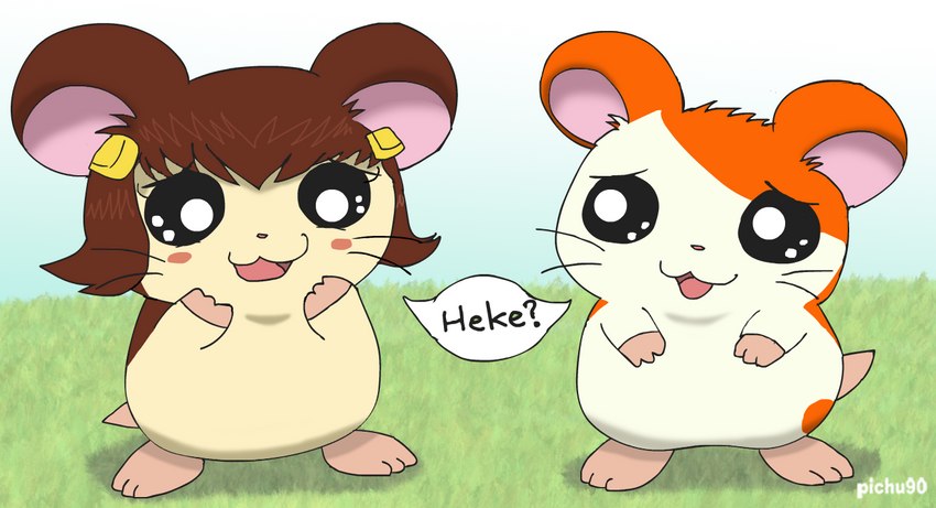 accessory after_transformation blush blush_stickers brown_body brown_fur brown_hair duo female feral fur grass hair hair_accessory hairclip male orange_body orange_fur plant speech_bubble text pichu90 hamtaro_(series) hamtaro laura_haruna cricetid hamster mammal rodent 2019 signature