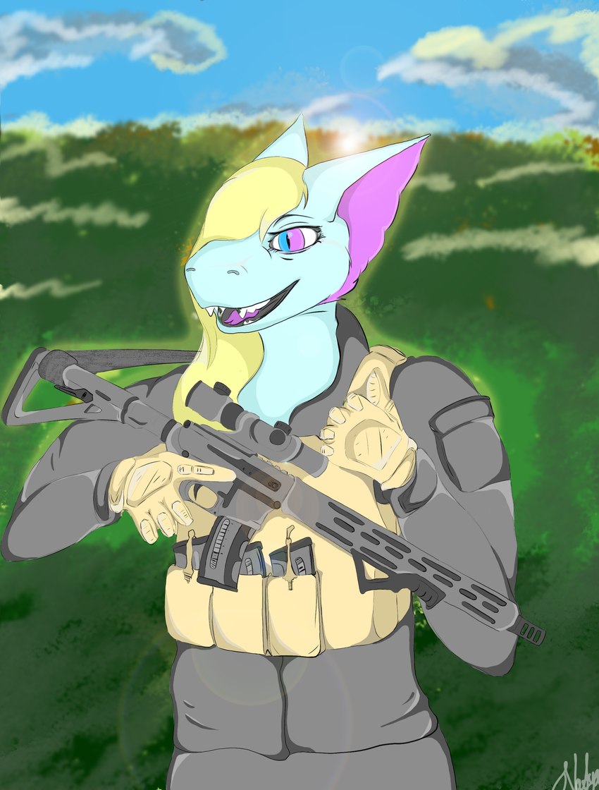 anthro backlighting basic_shading female gun light plate_carrier ranged_weapon rifle rifle_sling simple_background smile solo standing weapon natyashork fish marine shark absurd_res hi_res lighting