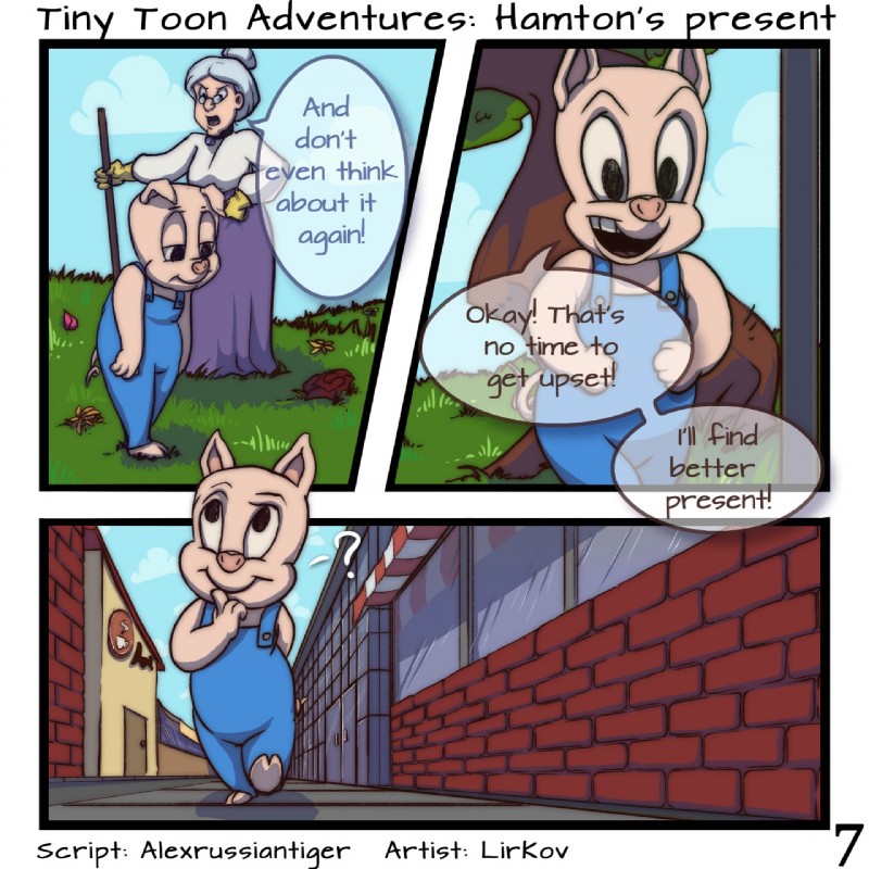 detailed_background duo female flower grass hoe male outside park plant text tools tree lirkov looney_tunes tiny_toon_adventures warner_brothers granny_(looney_tunes) hamton_j._pig domestic_pig human mammal suid suine sus_(pig) 1:1 2018 comic digital_media_(artwork) english_text hi_res