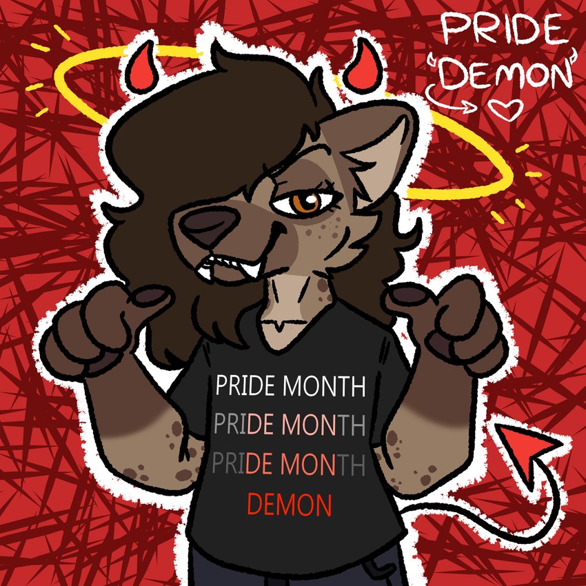 anthro brown_hair clothing female hair halo horn lgbt_pride shirt solo spade_tail tail text text_on_clothing topwear larhyperhair lgbt_pride_month pri(demon)th helena_(bonk6) angel demon hyena mammal spotted_hyena 1:1 absurd_res english_text hi_res