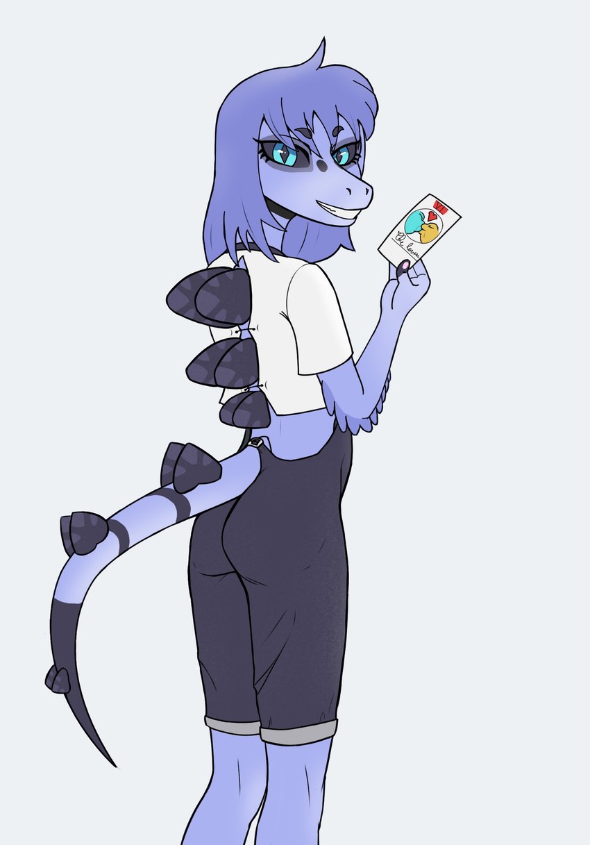 anthro beta_design black_sclera blue_body blue_eyes blue_hair card clothed clothing female hair looking_at_viewer looking_back major_arcana overalls rear_view simple_background solo tarot tarot_card the_lovers_(tarot) white_background plankanon goodbye_volcano_high prototype_stella_(gvh) dinosaur ornithischian prehistoric_species reptile scalie stegosaurian stegosaurus thyreophoran absurd_res hi_res