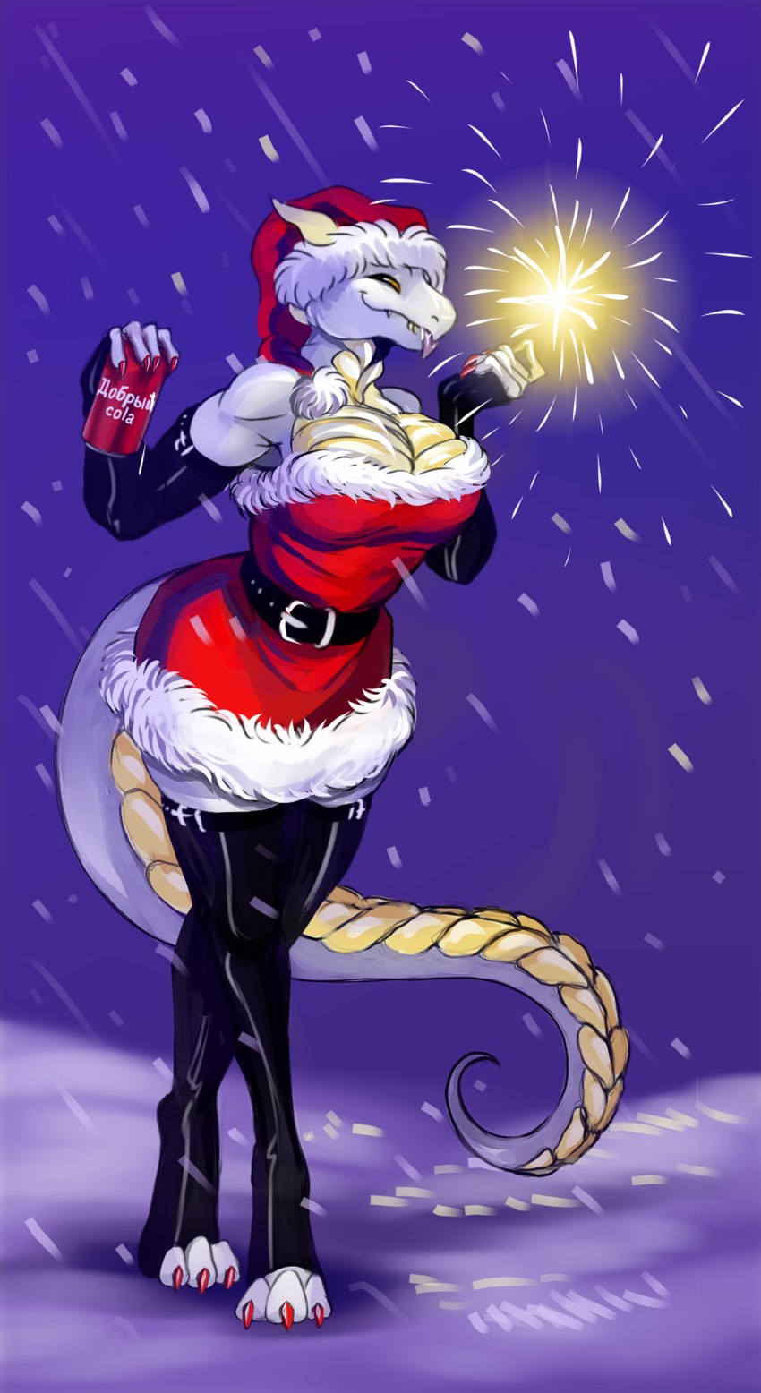 anthro boots breasts clothing dress female footwear holidays looking_at_viewer non-mammal_breasts shoes snow solo text jabeha european_mythology mythology new_year dragon mythological_creature mythological_scalie scalie western_dragon hi_res russian_text