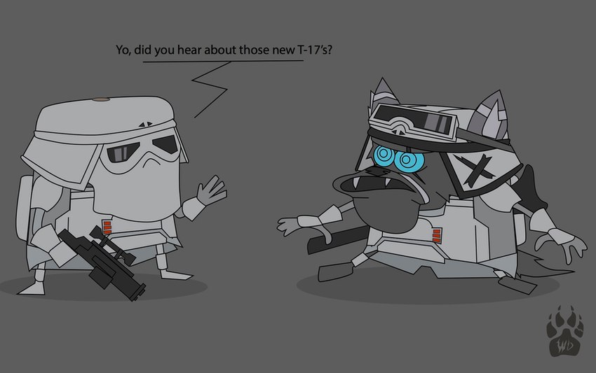 anthro armor biped clothed clothing duo eyewear eyewear_on_head fully_clothed goggles goggles_on_head grey_background gun headgear helmet laser_gun male ranged_weapon scope simple_background snowtrooper standing weapon wolfdawg nickelodeon spongebob_squarepants spongegar_(meme) star_wars spongegar canid canine human mammal 2017 meme