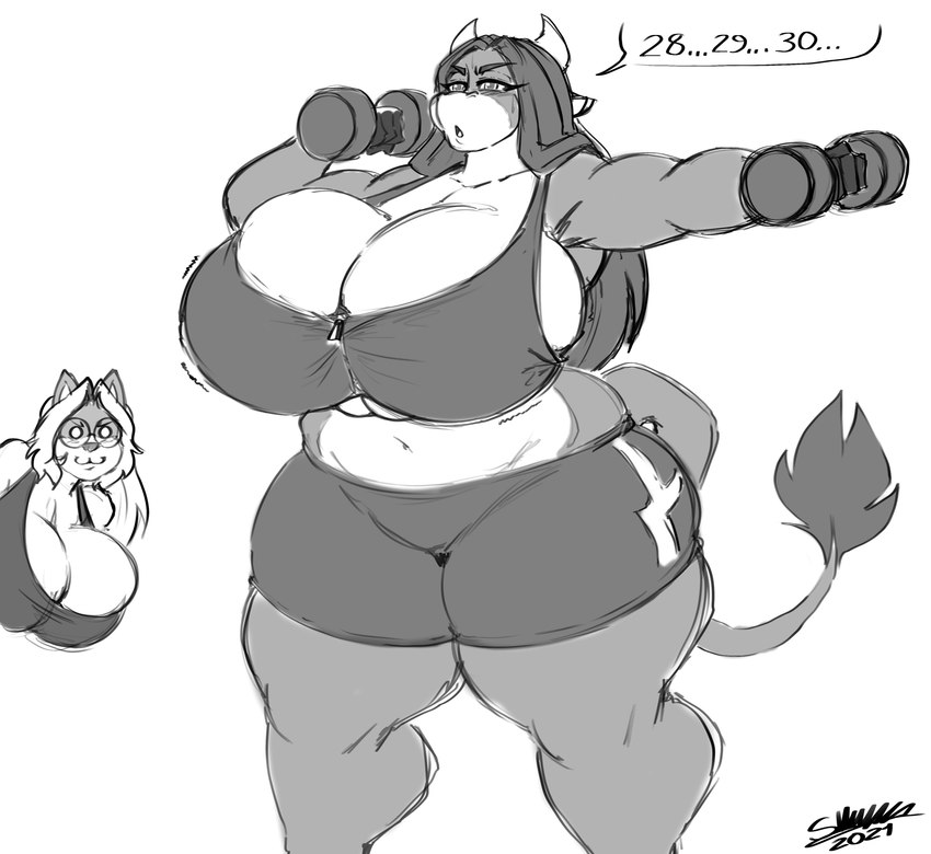 anthro big_breasts bottomwear breasts clothed clothing duo female huge_breasts open_mouth shorts topwear superix summer_(jwinkz) superia bovid bovine canid canine canis cattle domestic_dog mammal 2021 absurd_res hi_res monochrome