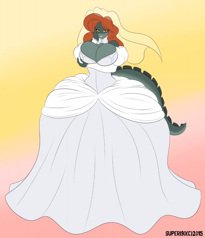 anthro big_breasts blush breasts bride bridezilla cleavage clothed clothing dress female non-mammal_breasts solo wedding_dress superix godzilla_(series) toho godzilla lizard reptile scalie 2015 absurd_res hi_res