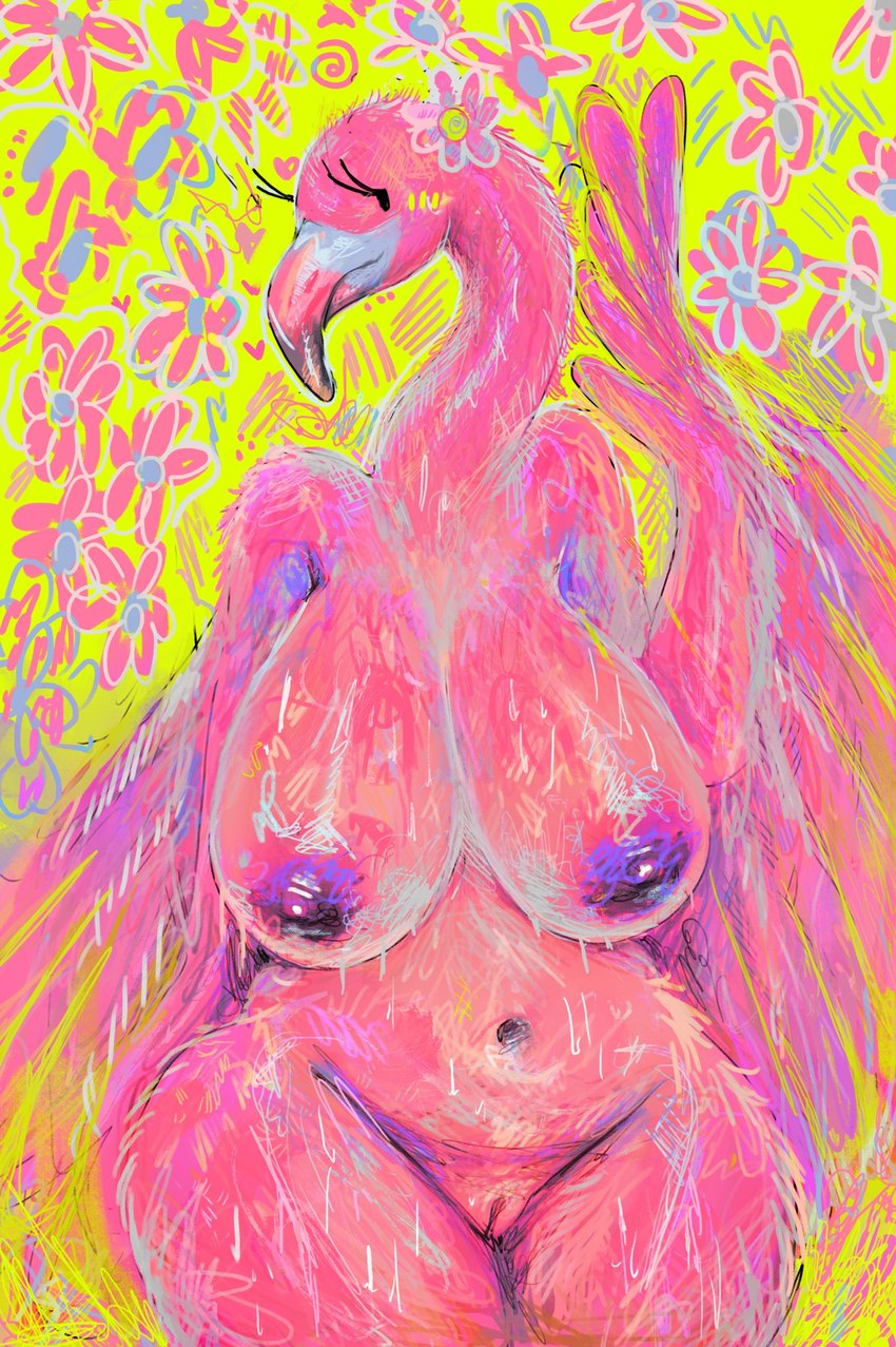 anthro beak big_breasts breasts eyelashes feathers female front_view genitals long_eyelashes long_neck navel nipples non-mammal_breasts non-mammal_nipples nude nude_female pink_body pink_feathers purple_nipples pussy sagging_breasts solo wide_hips ikiki avian bird flamingo 2024 hi_res portrait three-quarter_portrait