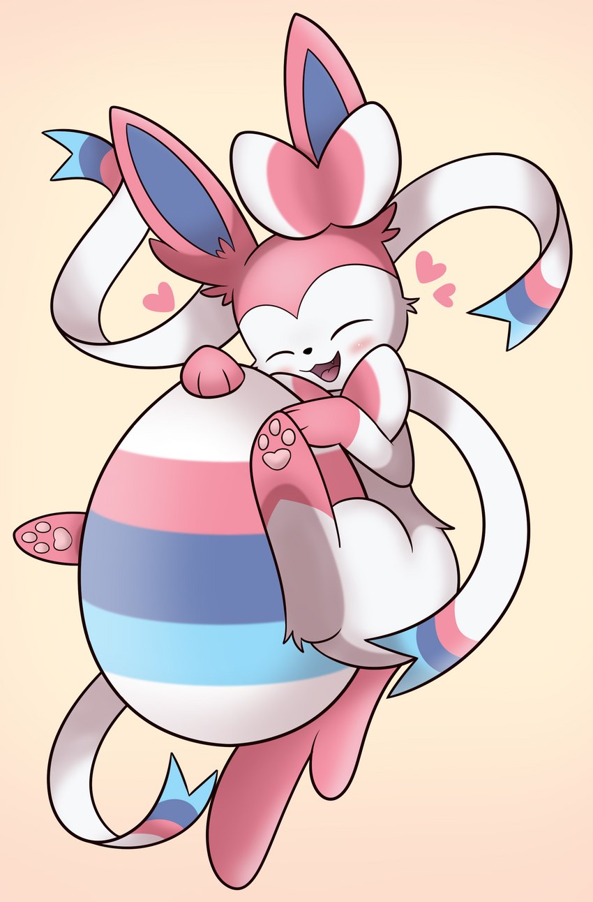 bow_(feature) egg female heart_symbol holidays multicolor pawpads simple_background solo thelasthope easter nintendo pokemon eeveelution generation_6_pokemon pokemon_(species) sylveon absurd_res hi_res