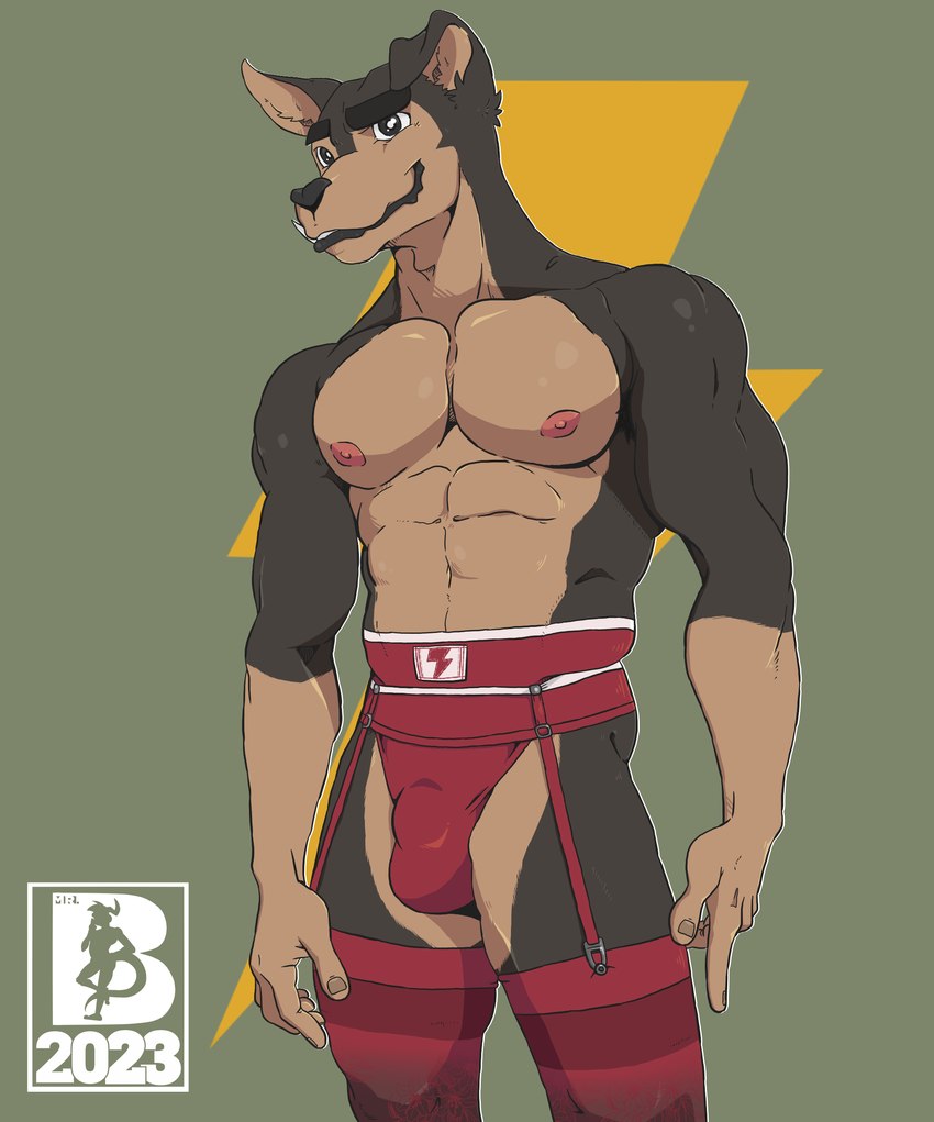 anthro armpit_hair body_hair bulge clothing lingerie male muscular muscular_male nipples solo mr.brapion buddy_thunderstruck_(series) netflix buddy_thunderstruck_(character) canid canine canis domestic_dog hunting_dog mammal rat_terrier terrier absurd_res hi_res