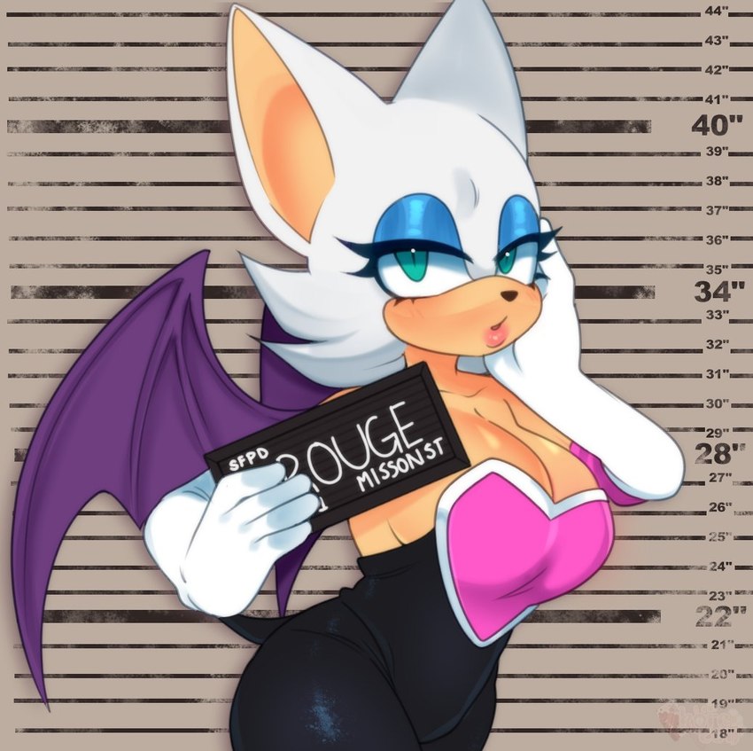 anthro armwear breasts chart cleavage clothed clothing elbow_gloves eyeshadow female fur gloves half-closed_eyes handwear height_chart lipstick looking_at_viewer makeup membrane_(anatomy) membranous_wings narrowed_eyes police_lineup short_stack solo tan_body tan_skin text white_body white_fur wings kore_eon sega sonic_the_hedgehog_(series) rouge_the_bat bat mammal english_text