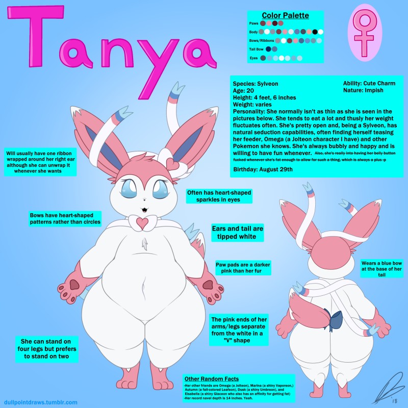 belly big_belly big_butt biped butt deep_navel digitigrade female fur heart_symbol navel open_mouth overweight overweight_female pink_body pink_fur ribbons solo standing text white_body white_fur dullpoint nintendo pokemon tanya_(dullpoint) eeveelution generation_6_pokemon pokemon_(species) sylveon 1:1 2018 absurd_res digital_media_(artwork) english_text hi_res model_sheet