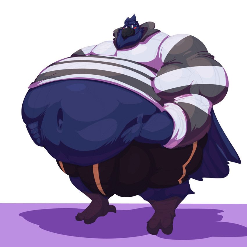 3_toes 5_fingers anthro balls barefoot beak belly big_balls big_belly big_bulge big_muscles big_penis blue_body blush bodily_fluids bottomwear bulge clothing feet fingers genitals hand_on_belly hoodie huge_balls huge_belly huge_bulge huge_muscles huge_penis hyper hyper_balls hyper_belly hyper_bulge hyper_genitalia hyper_muscles hyper_penis male morbidly_obese morbidly_obese_anthro morbidly_obese_male musclegut muscular muscular_anthro muscular_male navel obese obese_anthro obese_male overweight overweight_anthro overweight_male penis plantigrade shorts simple_background solo standing sweat sweatdrop toes topwear white_background bobert schwarz_(mattman) avian bird corvid corvus_(genus) crow oscine passerine 1:1 2020 hi_res