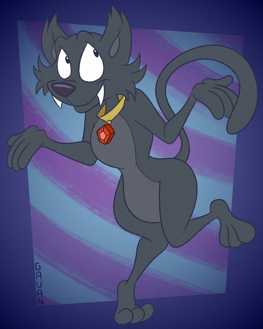 abstract_background anthro belly bent_leg black_body black_eyes black_fur cheek_tuft collar collar_only curling_tail ear_tuft eye_roll facial_tuft fangs fur gem gesture glance grey_belly grey_body grey_chest grey_fur knees_bent knock-kneed male multicolored_body multicolored_fur nude on_one_leg plantigrade raised_heel red_gem shrug solo standing standing_on_toes tail teeth tiptoes tuft two_tone_body two_tone_fur white_sclera wide_eyed wide_hips gavanzude archie_comics sabrina:_the_animated_series sabrina_the_teenage_witch salem_saberhagen domestic_cat felid feline felis mammal 2025 digital_drawing_(artwork) digital_media_(artwork) hi_res signature