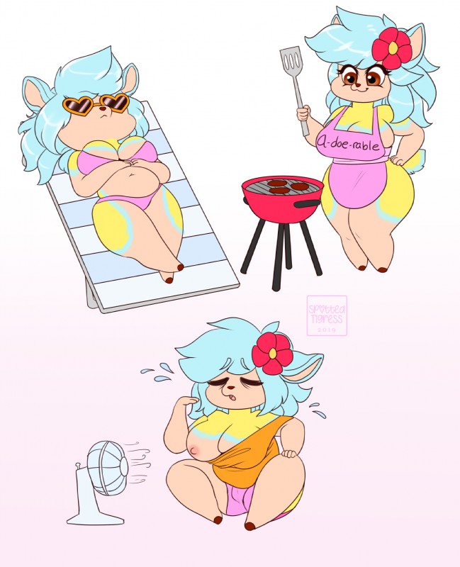 anthro anthrofied apron belly big_breasts bikini blue_hair bodily_fluids bottomwear breasts cleavage clothed clothing cooking electric_fan eyewear female flower fur grill hair half_naked hooves lying navel nipple_slip nipples oscillating_fan oversized_clothing plant relaxing shirt short_stack shorts simple_background slightly_chubby solo spatula sunbathing sunglasses sweat swimwear tank_top text thick_thighs tools topwear two-piece_swimsuit wide_hips yellow_body yellow_fur tiggybloom nintendo pokemon horae_deerling deer deerling generation_5_pokemon mammal pokemon_(species) 2019 digital_media_(artwork) hi_res