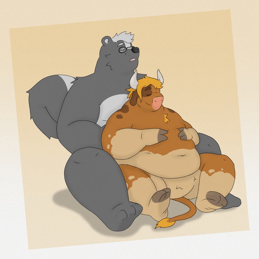 2_horns anthro belly duo eyewear glasses horn male male/male nude obese obese_anthro obese_male overweight overweight_anthro overweight_male sitting size_difference sleeping tail thick_tail thick_thighs inkyflush ray_rhythmus bovid bovine cattle mammal mephitid skunk 1:1 hi_res