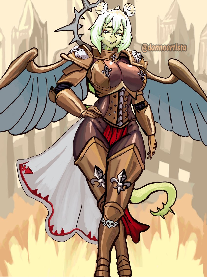 adepta_sororitas anthro armor back_plates big_breasts blue_eyes boob_armor bottomwear breasts clothing couter cuisse detailed_background fake_wings female greaves green_body green_hair green_scales hair hair_bun hand_on_hip loincloth long_tail machine narrowed_eyes pauldron power_armor scales skinsuit snout solo spiked_tail spikes spikes_(anatomy) standing tail tight_clothing vambrace wide_hips dannoartista cavemanon_studios goodbye_volcano_high snoot_game warhammer_(franchise) warhammer_40000 saint_celestine sister_of_battle stella_(gvh_beta) dinosaur living_saint ornithischian prehistoric_species reptile scalie stegosaurian stegosaurus thyreophoran absurd_res colored hi_res