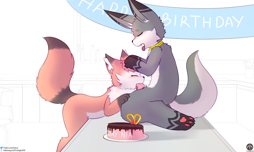 anthro duo fellatio female food happy_birthday knot male male/female oral pastry penile pie sex simple_background text white_background senz nia_(senz) sean_(senz) canid canine fox mammal absurd_res hi_res url