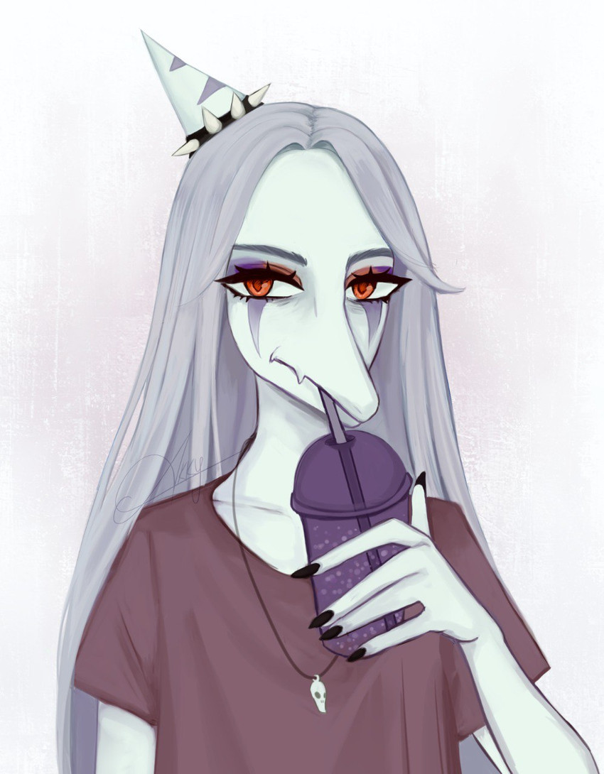 amber_eyes anthro blue_body bone bone_frill clothed clothed_anthro clothed_female clothing collar container cup drinking drinking_straw_in_mouth female fingers frill_(anatomy) front_view grey_background grey_hair hair holding_container holding_cup holding_object humanoid_hands jewelry long_hair looking_at_viewer markings necklace neutral_expression shirt simple_background skull solo spiked_collar spikes striped_markings stripes text topwear akky19 goodbye_volcano_high ko_op_(game_developer) fang_(gvh) prehistoric_species pterosaur reptile scalie 2023 artist_name bust_portrait colored hi_res portrait shaded
