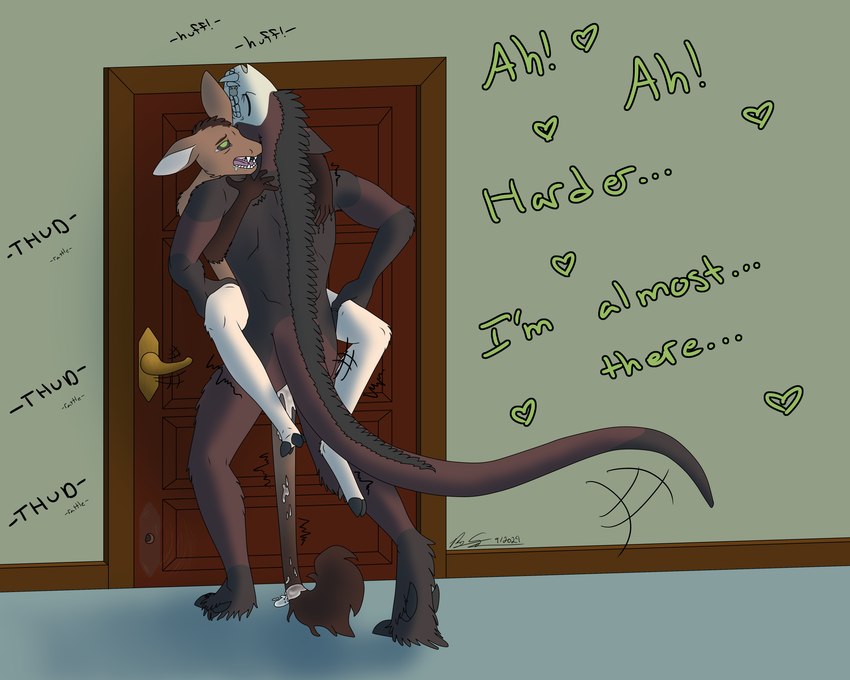 against_door against_surface against_wall ambiguous_penetration andromorph andromorph/male anthro arms_around_partner black_sclera bodily_fluids bone bristled_fur brown_body brown_fur carpet cloven_hooves cum cum_drip cum_on_tail dewclaw dewclaw_hooves dialogue dipstick_tail door door_handle dripping drooling duo ears_back fangs fur genital_fluids gloves_(marking) green_eyes hooves intersex intersex/male leg_markings legs_around_waist male mane markings motion_lines muscular muscular_male onomatopoeia penetration pivoted_ears red_body red_fur saliva sex skull skull_head socks_(marking) sound_effects stand_and_carry_position standing standing_sex tail tail_markings tan_body tan_fur tears tears_of_pleasure teeth text wood wood_door crested_stag fearg_(crested_stag) morrigan_(crested_stag) cervine deer demon felid_demon mammal absurd_res hi_res shaded signature trans_(lore) trans_man_(lore)