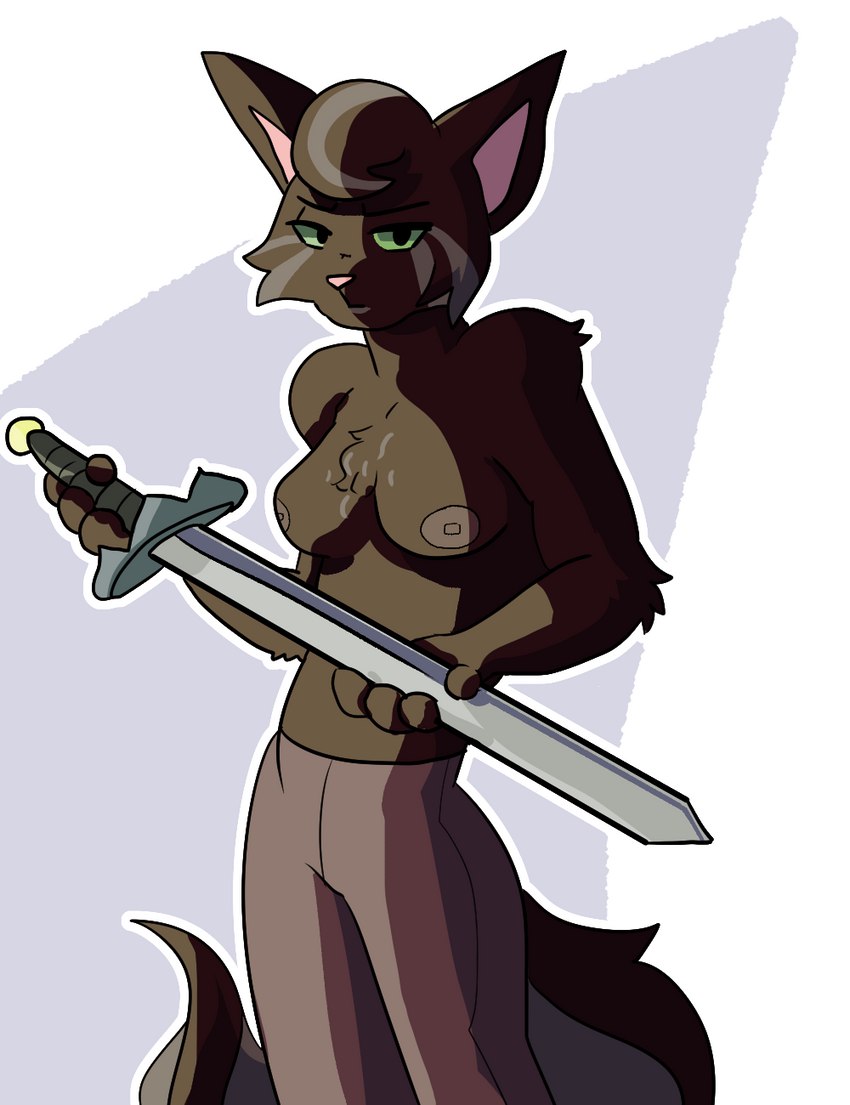 anthro breasts female long_tail looking_at_viewer melee_weapon nipples pose solo sword tail weapon battycat charlotte_(battycat) domestic_cat felid feline felis mammal hi_res