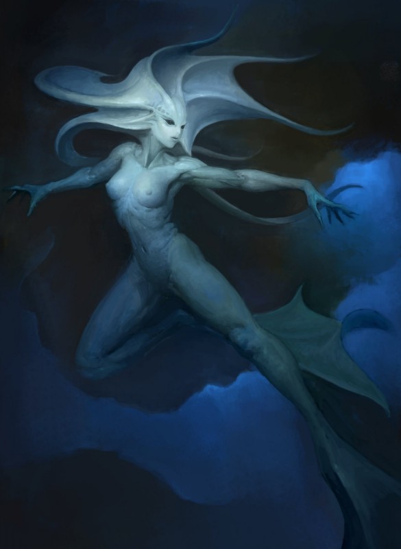 abyss breasts claws feet female grey_body grey_skin membrane_(anatomy) monster_girl_(genre) navel nipples pseudo_hair solo tentacle_hair tentacles toes underwater water webbed_feet white_body douzen animal_humanoid humanoid marine marine_humanoid monster monstrous_humanoid sea_creature hi_res