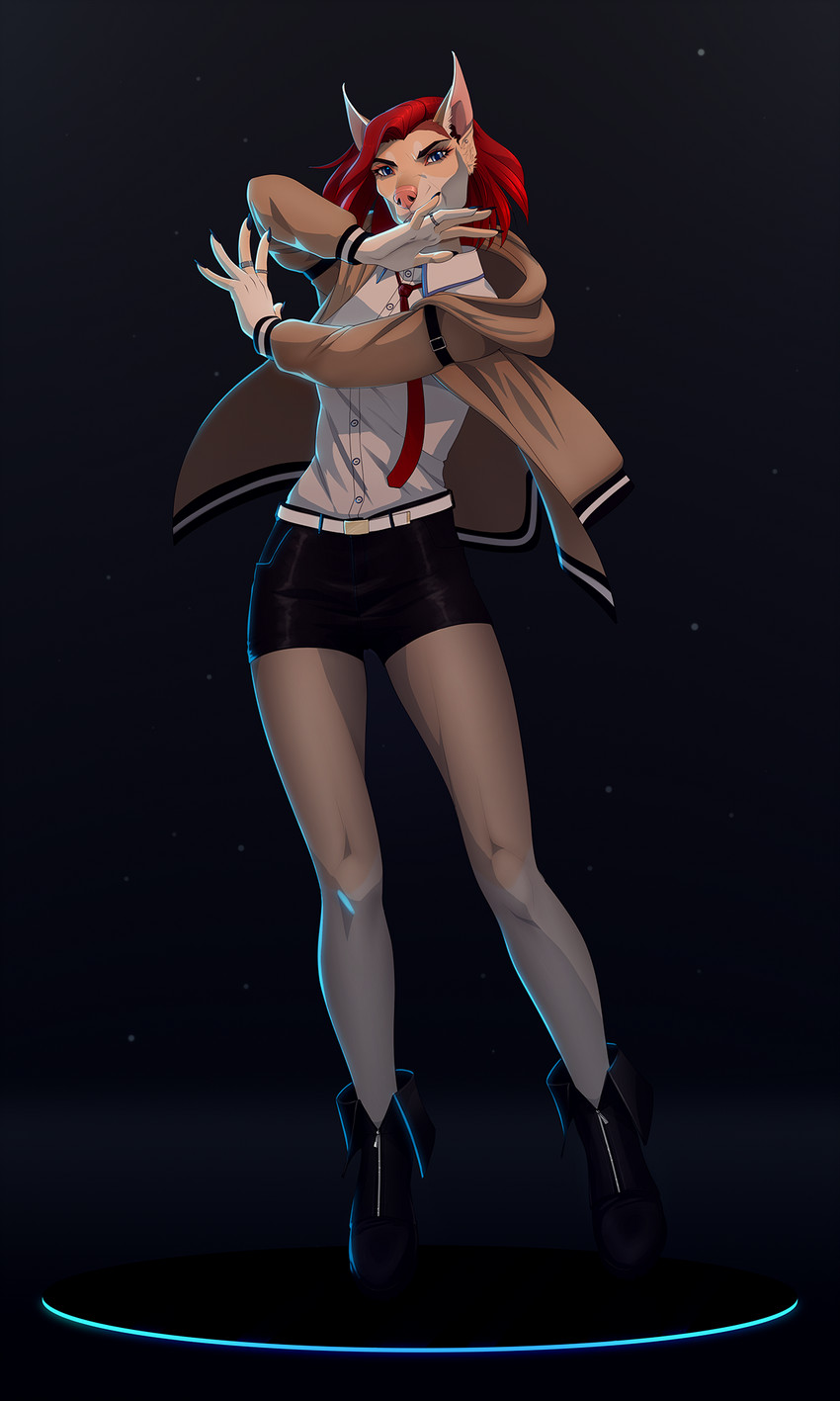 5_fingers anthro breasts clothing cosplay eyebrows eyelashes female fingers footwear hair looking_at_viewer red_hair shoes solo lynjox steins;gate makise_kurisu canid canine canis dobermann domestic_dog mammal pinscher 2020 3:5 digital_media_(artwork) hi_res