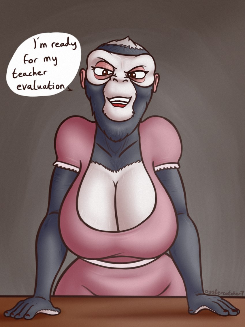 anthro arm_support big_breasts biped black_body black_eyebrows black_fingernails black_fur black_nails black_text breasts brown_eyes cheek_tuft chin_tuft cleavage cleavage_overflow clothed clothed_anthro clothed_female clothing collarbone colored_nails countershade_face countershade_hands countershade_torso countershading desk dialogue dress elderly elderly_anthro elderly_female extended_arms eyebrows eyelashes facial_tuft female fingernails fingers front_view fur fur_tuft furniture glistening glistening_eyes grin grinning_at_viewer hands_on_desk huge_breasts humanoid_ears humanoid_hands iris lips looking_at_viewer mature_anthro mature_female multicolored_body multicolored_fur nails pink_clothing pink_dress pink_ears pink_eyelids pupils red_lips smile solo speech_bubble table talking_to_viewer teeth text thick_bottom_lip tuft two_tone_body two_tone_fur white_body white_breasts white_countershading white_fur oystercatcher7 cartoon_network the_amazing_world_of_gumball lucy_simian baboon haplorhine mammal monkey old_world_monkey primate eyelids 2023 3:4 artist_name digital_drawing_(artwork) digital_media_(artwork) english_text hi_res