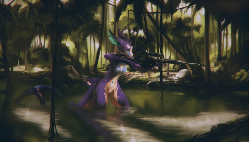 5_fingers anthro breasts detailed_background female fin fingers forest genitals green_eyes gun hair holding_gun holding_object holding_ranged_weapon holding_weapon jungle nipples non-mammal_breasts nude partially_submerged plant purple_hair pussy ranged_weapon solo standing swamp tree water weapon fruitbloodmilkshake funexyre_(farex) cetacean dolphin hybrid mammal marine oceanic_dolphin toothed_whale 2019 absurd_res digital_media_(artwork) hi_res