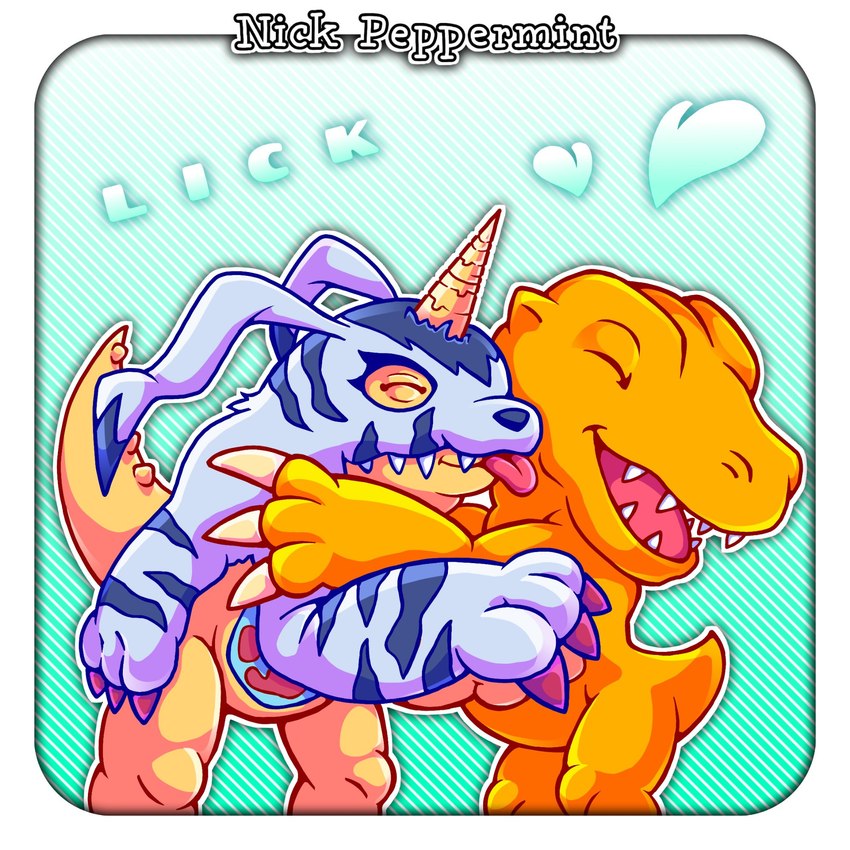 animal_skin anthro claws duo fur green_eyes horn licking male male/male red_eyes smile striped_body striped_fur stripes tongue yellow_body nickpeppermint bandai_namco digimon agumon digimon_(species) gabumon scalie 1:1 hi_res