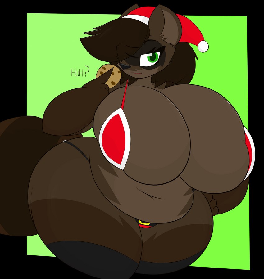 4_fingers anthro belly big_breasts bikini bikini_top breasts brown_body brown_fur brown_hair christmas_clothing christmas_headwear clothing cookie female fingers fluffy fluffy_tail food fur green_eyes hair hat headgear headwear holidays huge_breasts legwear red_bikini red_clothing red_swimwear santa_hat slightly_chubby slightly_chubby_female solo standing stockings swimwear tail thick_thighs two-piece_swimsuit raccoonuki christmas raquel_(raccoonuki) canid canine hybrid mammal procyonid raccoon raccoon_dog tanuki absurd_res alpha_channel hi_res