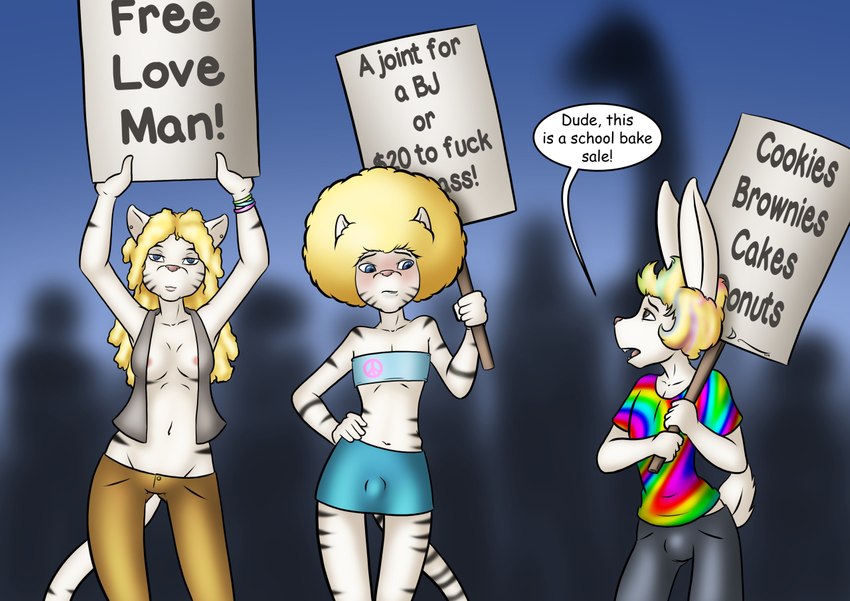 afro anthro bite biting_lip blonde_hair bottomwear breasts bulge clothed clothing crossdressing dialogue ear_piercing eye_contact female femboy group hair hand_on_hip holding_object holding_sign jacket long_ears looking_at_another looking_at_viewer male multicolored_clothing multicolored_shirt multicolored_topwear navel nipples open_mouth pants peace_symbol piercing pink_nipples profanity prostitution protest rainbow_clothing rainbow_shirt rainbow_topwear raised_hand shirt short_tail sign skirt speech_bubble standing striped_body stripes tail teeth text tongue topwear tube_top white_body danaume felid hybrid lagomorph leporid liger lion mammal pantherine rabbit english_text