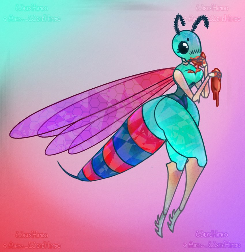 antennae_(anatomy) anthro beady_eyes black_eyes blue_body breasts brown_body eating female green_body insect_wings non-mammal_breasts red_body solo stinger text wings alpha_werehimbo arthropod hymenopteran insect jewel_wasp wasp 2022