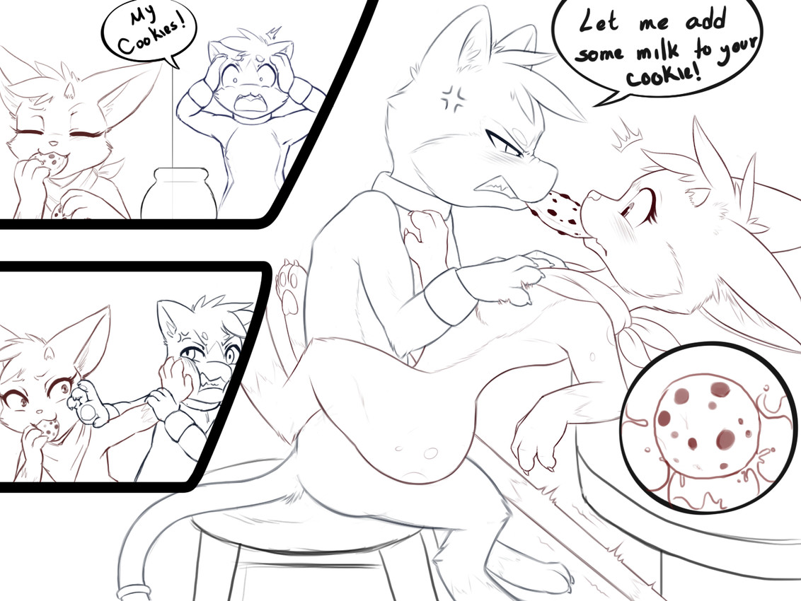 3_toes 4_fingers angry angry_sex anthro anthro_on_anthro anthro_penetrated anthro_penetrating anthro_penetrating_anthro blush blush_lines chair claws clenched_teeth collar container cookie cookie_jar dialogue duo eating eating_food eye_contact eyelashes feet female female_penetrated finger_claws fingers food food_in_mouth from_front_position furniture hand_on_chest horn jar looking_at_another looking_at_partner male male/female male_penetrating male_penetrating_female mostly_nude nude nude_anthro nude_female nude_male on_chair open_mouth pawpads penetration penile penile_penetration penis_in_vagina scarf scarf_only sex shocked simple_background sitting sitting_on_chair snout speech_bubble surprised table tail teeth text toe_claws toes vaginal vaginal_penetration white_background darkmirage meraence quetzalli_(darkmirage) vicious_kitty assimilative_feline domestic_cat felid feline felis mammal 2017 artist_collaboration comic digital_drawing_(artwork) digital_media_(artwork) english_text sketch