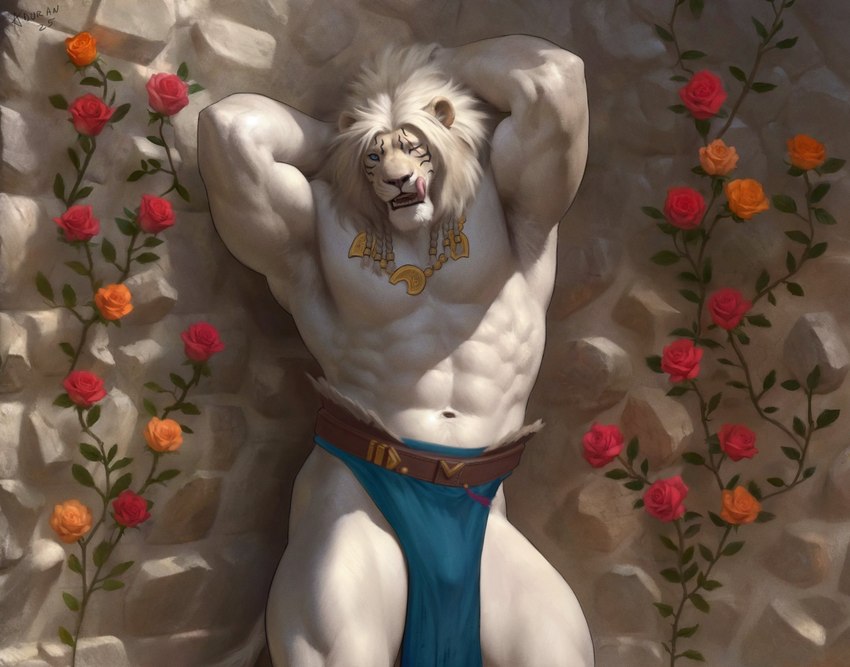 abs against_surface against_wall anthro armpit_fetish biped blue_eyes bottomwear braided_hair bulge clothed clothing eye_scar facial_scar flower fur hair hands_behind_head licking licking_lips loincloth loincloth_only male muscular muscular_anthro muscular_male pecs plant scar solo tongue tongue_out topless white_body white_fur aduran hasbro magic:_the_gathering wizards_of_the_coast ajani_goldmane felid leonin lion mammal pantherine hi_res