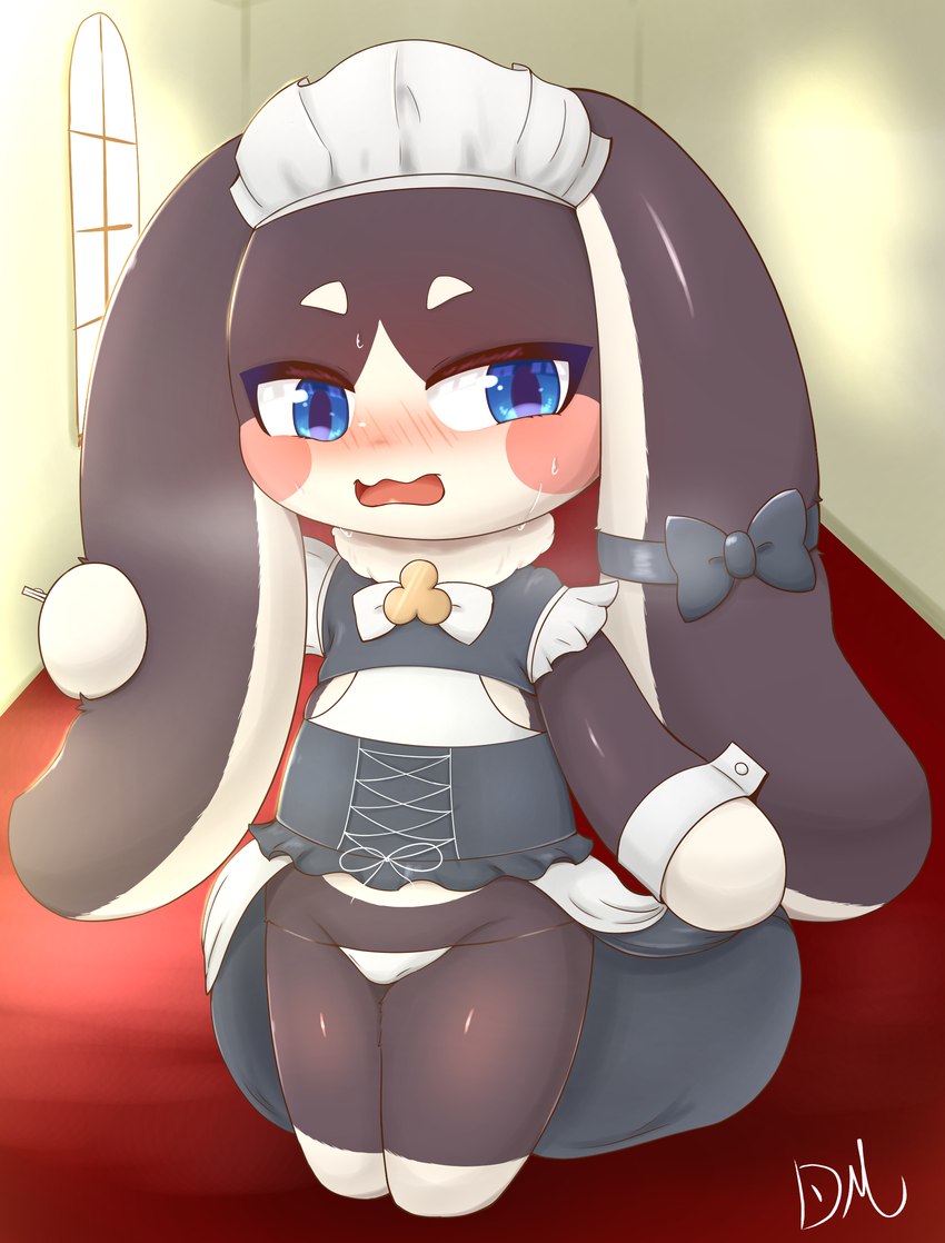 ambiguous_gender anthro black_body black_fur blue_eyes blush bodily_fluids clothing embarrassed fur half-closed_eyes inside looking_at_viewer maid_uniform narrowed_eyes open_mouth solo sweat uniform white_body white_fur window dreammaker810 honkai:_star_rail mihoyo pom-pom_(honkai:_star_rail) lagomorph leporid mammal rabbit 2024 absurd_res english_description hi_res japanese_description