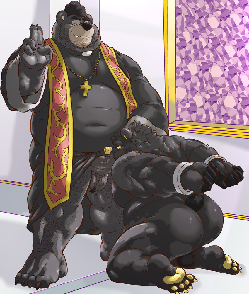 4_toes 5_fingers anthro anthro_on_anthro anthro_penetrated anthro_penetrating anthro_penetrating_anthro balls barazoku belly big_balls big_nose big_pecs big_penis black_balls black_belly black_body black_butt black_chest black_claws black_feet black_fingers black_fur black_hair black_hands black_head black_legs black_nose black_penis black_toes body_hair butt claws cross cross_necklace cuff_(restraint) detailed_background duo erection eyebrows eyes_closed eyewear feet fellatio fingers forced forced_fellatio fur genitals glasses grey_eyebrows hair handcuffed handcuffs head_grab humanoid_hands inside jewelry kneeling kneeling_oral_position kneeling_sex light male male/male male_penetrated male_penetrating male_penetrating_male metal_cuffs muscular muscular_anthro muscular_male necklace nude nude_male oral oral_penetration overweight overweight_anthro overweight_male partially_clothed_anthro partially_clothed_male pawpads pecs penetration penile penis plantigrade priest restraints sex shackles simple_background smile smirk stained_glass_window standing standing_sex tan_head three-quarter_view toes toony two_tone_head vein veiny_penis window yellow_eyes yellow_nose yellow_pawpads markwulfgar steve_jovonovich bear mammal 2021 absurd_res colored digital_drawing_(artwork) digital_media_(artwork) full-length_portrait hi_res portrait shaded