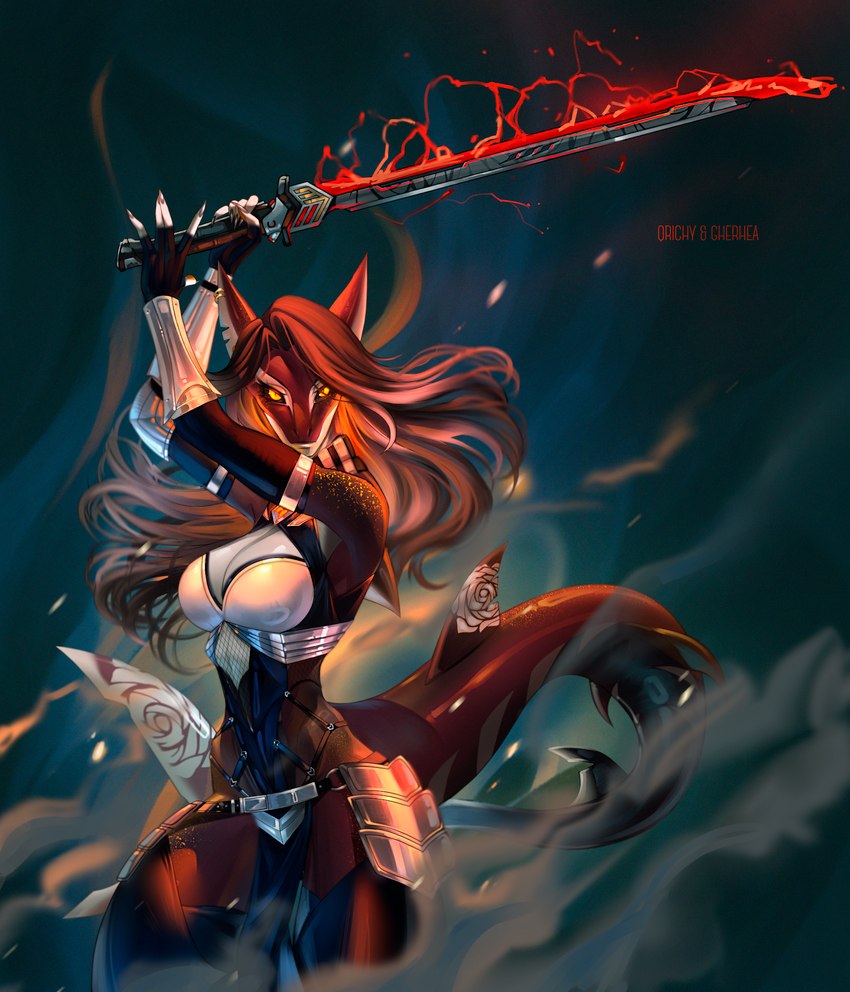 anthro armor armor_plates athletic athletic_female dark_hair dust ear_piercing ear_ring energy_sword female fin hands_above_head holding_object holding_weapon looking_at_viewer melee_weapon orange_eyes piercing red_body ring_piercing smoke solo sparks standing sword tail weapon wielding_weapon gherhea qrichy rose_(kamikazekit) fish marine shark 2023 artist_collaboration hi_res